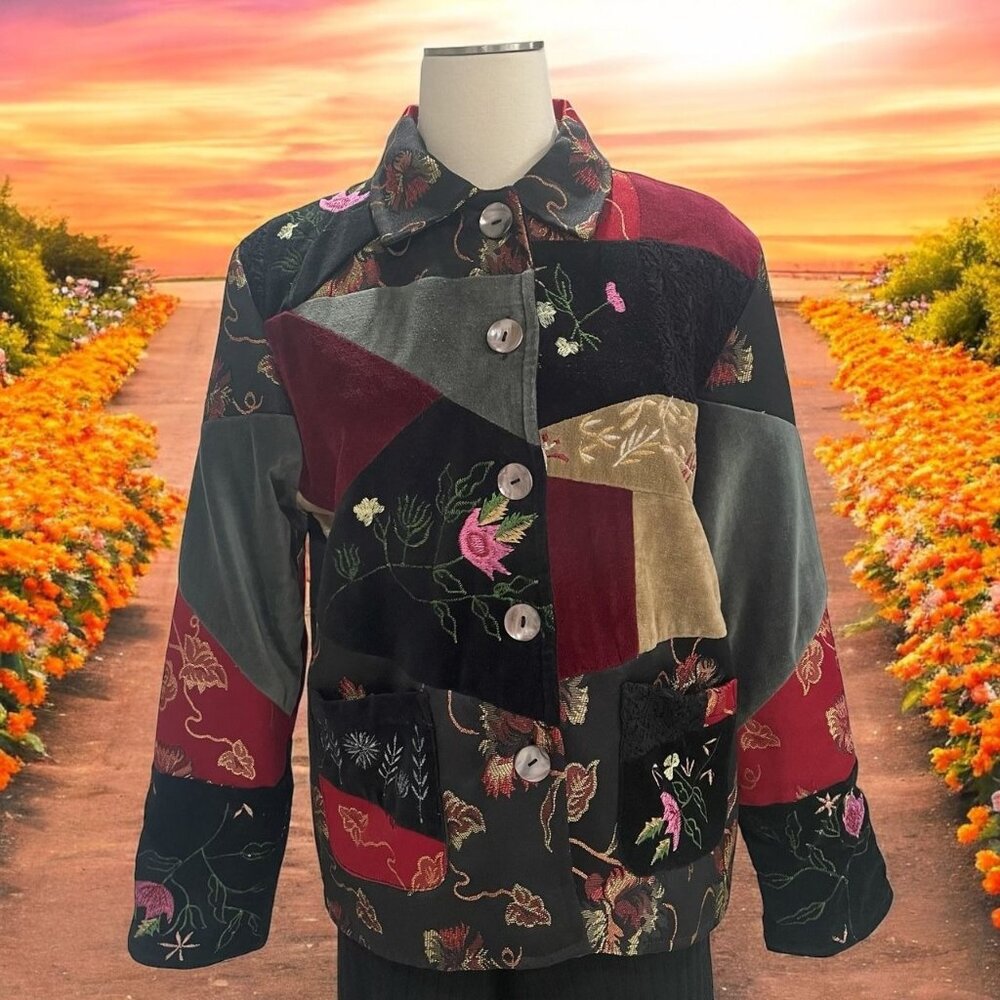 Parsley & Sage‎ Patchwork Embroidered Jacket S Velvet Floral Artisan Boho Chic